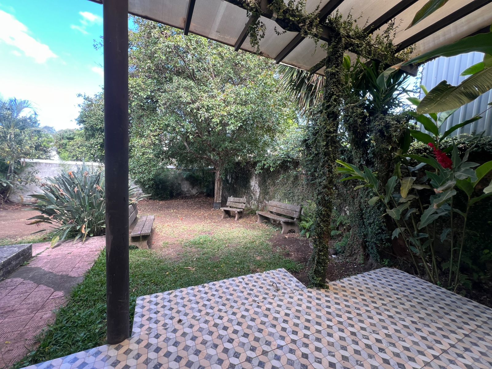 Terraza y patio con árboles frutales en casa en venta San Rafael de Escazú